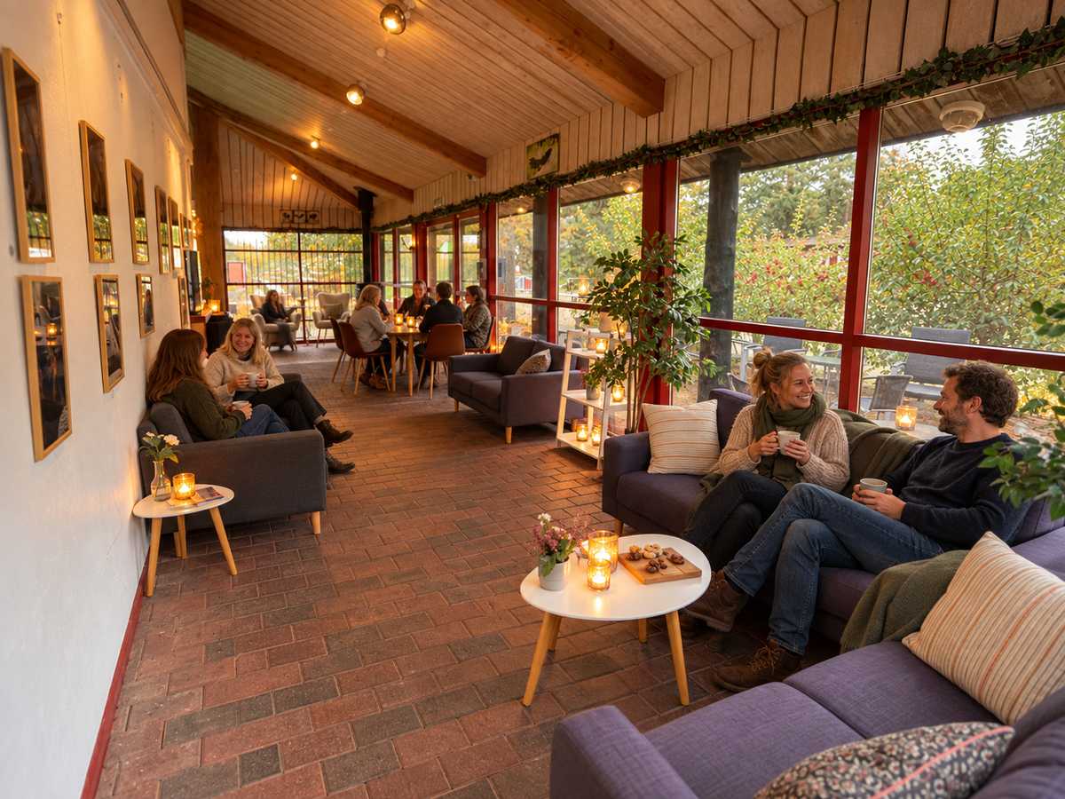 Gæster hygger sig med kaffe i sofaerne i Ørnereservatets lyse lounge med store vinduer