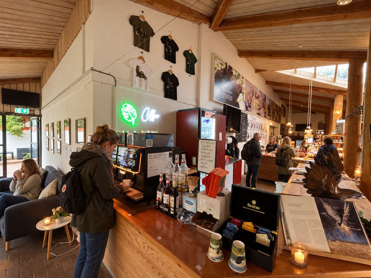 Caféens disk med kaffemaskine, neonskilt med 'Coffee' og T-shirts på væggen