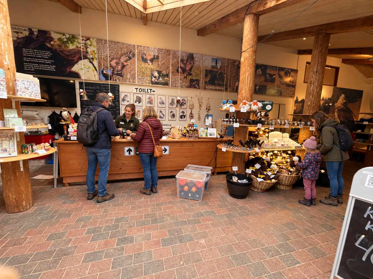 Kassen i Ørnereservatets butik, hvor en medarbejder betjener gæster, med kurve fyldt med bløde tøjdyr